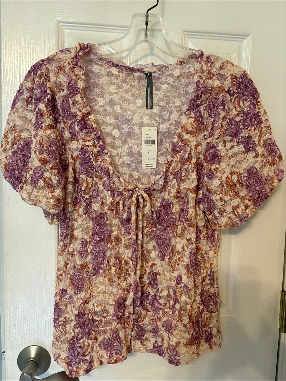 Anthropologie NWT Floral Lace Tie-Front Women's Top - Purple & Cream
